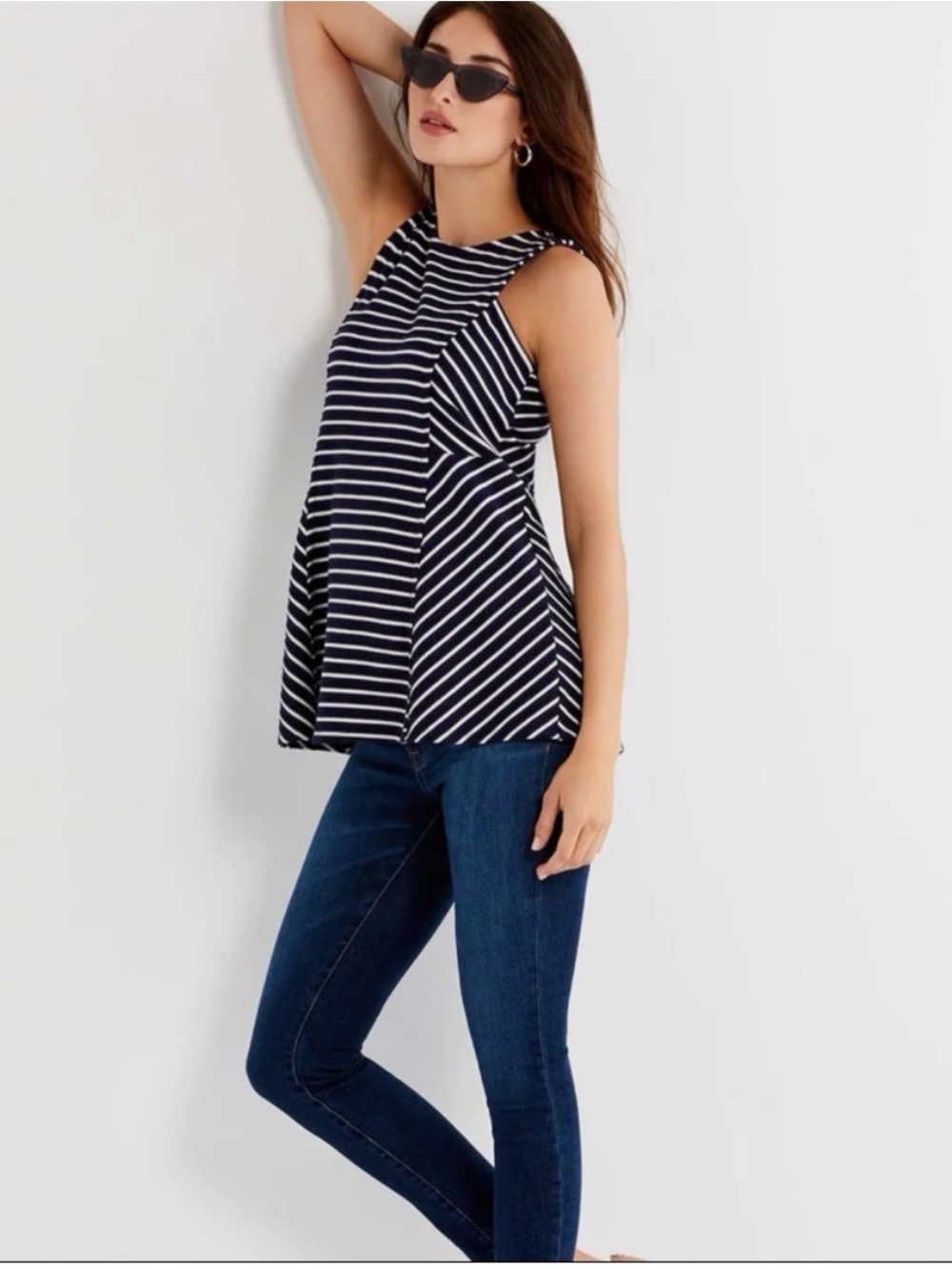 Navy and White Striped Sleeveless Peplum Tank